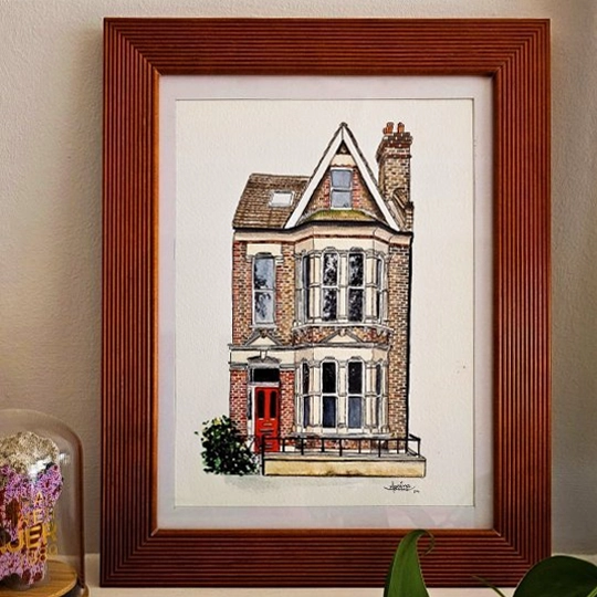 Framed watercolour painting of a house in London, UK, showcasing architectural beauty