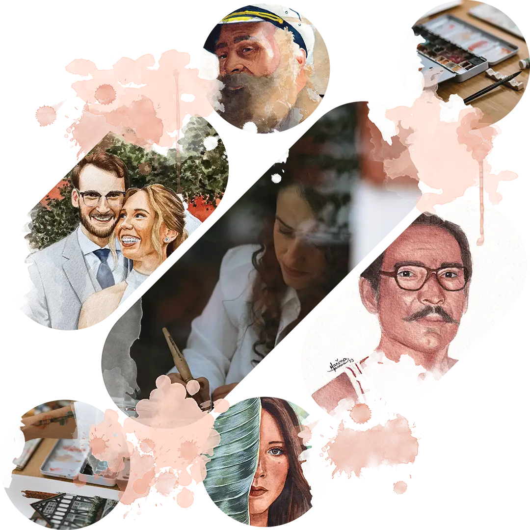 Montage featuring Marina Assis painting a watercolour artwork, surrounded by pictures of various works. Watercolour splashes in soft rosé tones add a creative touch to the graphic piece