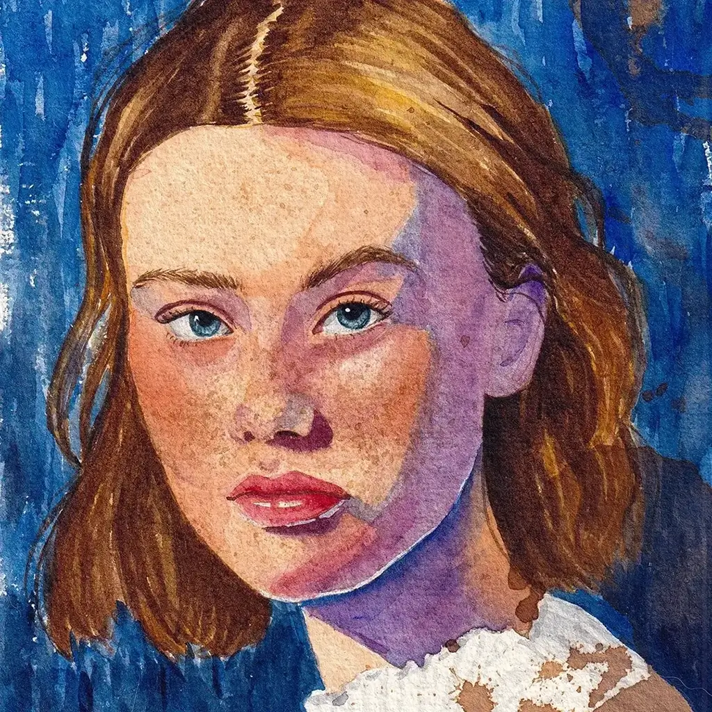 Watercolour painting of a girl with short light brown hair and blue eyes, set against a blue background.